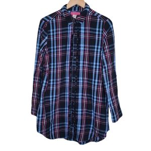 Betsey Johnson Intimates Plaid Flannel  Button Down Long Sleeve Nightshirt